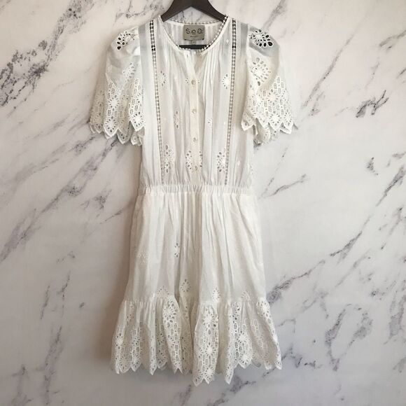 SEA New York Emma pintuck Dress White Eyelet 4 mini short sleeve classic - Picture 3 of 11